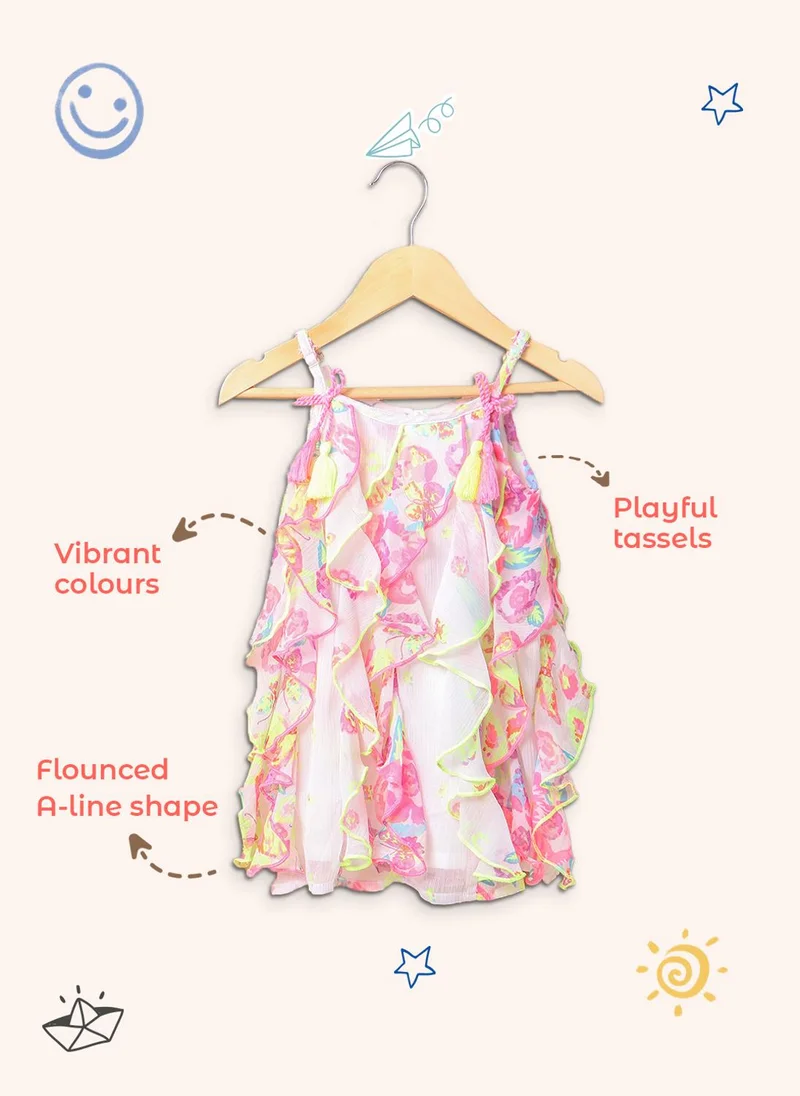 Nautinati Girls' Chiffon All-over Floral & Butterfly Print Ruffled A-line Dress with Tassels